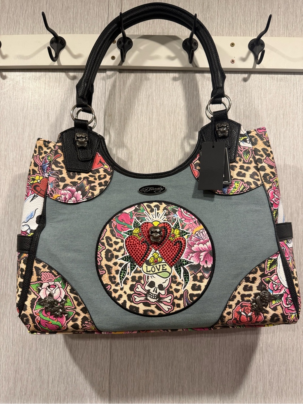 NWT Ed Hardy Floral Skull Leopard Print Tote Bag
